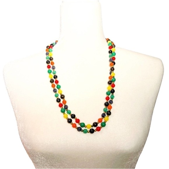 𝅺retro Rainbow 2 Strand Long Beaded Necklace Multicolor Box Clasp Retro 26 1/2" - Picture 1 of 6